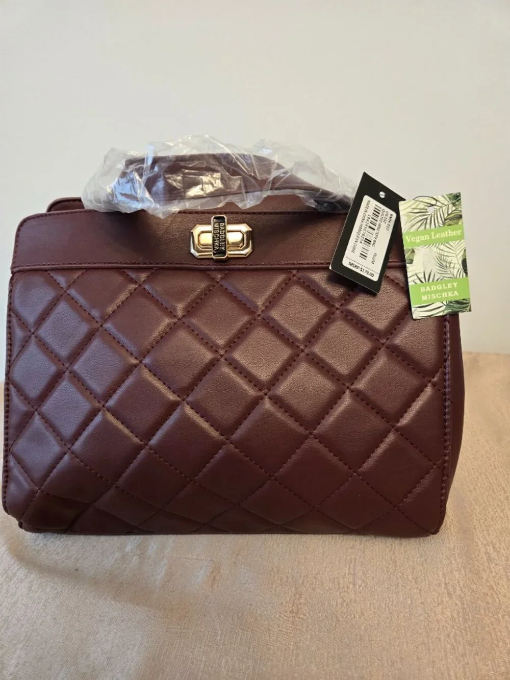 Badgley Mischka Quilted Mini Tote Bag Plum Vegan Leather NWT $179 MSRP